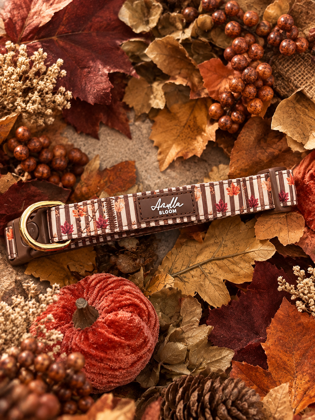 Autumn Dog Collar | Burnished Boughs Adjustable Dog Collar | Brown & Burgundy Leaf Print | Lockable