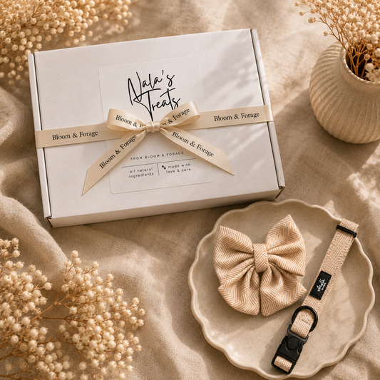 The Garden Gift Set | Collar, Bow & Natural Treat Box | Personalised