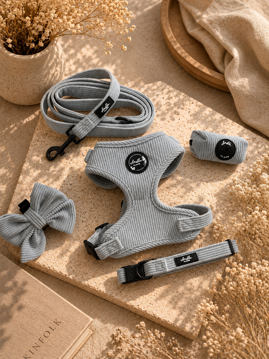 Serene Shores Cord Adjustable Neck Harness, Lead, Collar, Poo Bag Holder & Sailor Bow Bundle