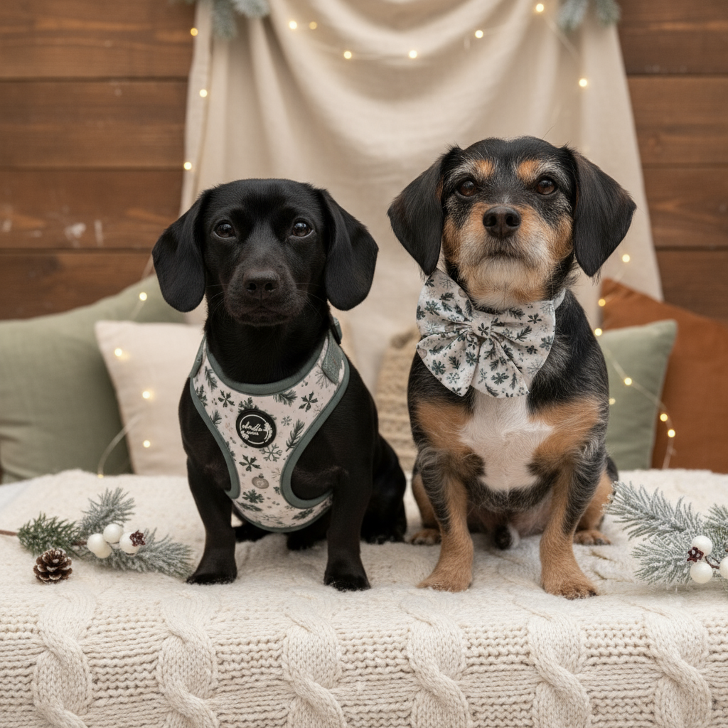 Dogs in Snowfall & Sage Accessories on Cosy Background