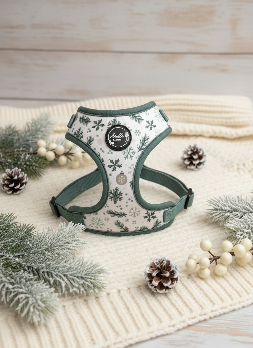 Snowfall & Sage Adjustable Harness with black clips and sage straps